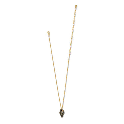 Brighton pendant necklace with gold-plated chain and black striped shell charm with crystal accent on a white background