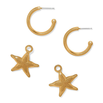 Brighton hoop earrings with gold-plated finish and interchangeable starfish charms on a white background