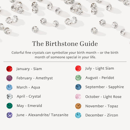 Brighton birthstone guide chart styled with scattered crystals, listing twelve months paired with corresponding colored crystal stones