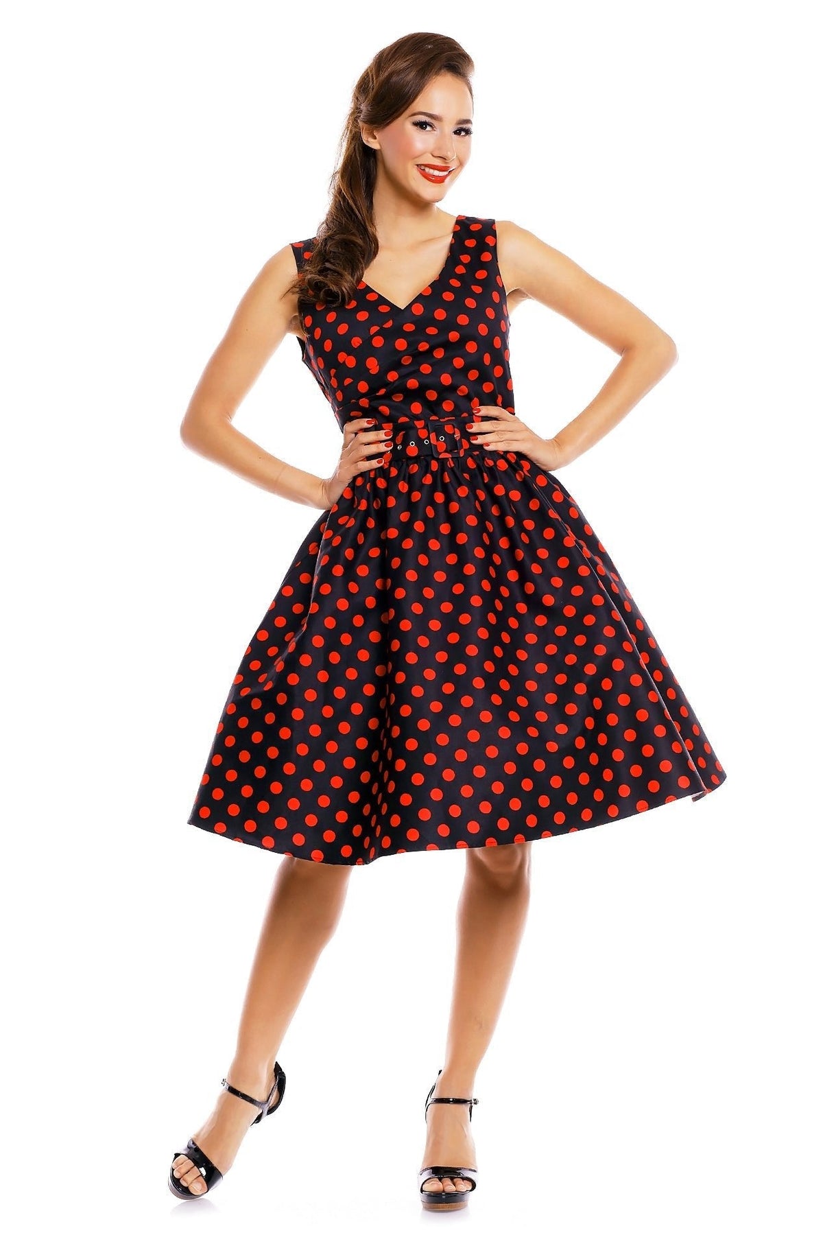 May V-neck 50s Style Spot Dress in Black-Red