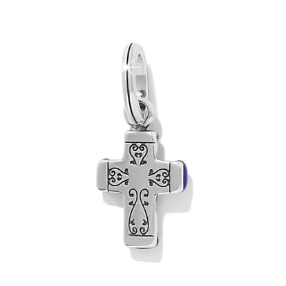 Brighton cross charm with silver-tone scrollwork engraving and split ring attachment on a white background