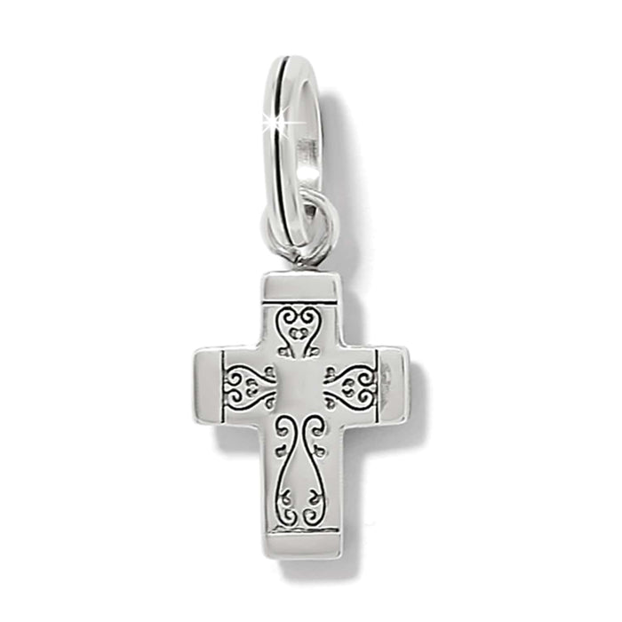 Brighton cross charm with engraved scroll detail and silver-tone finish with split ring on a white background
