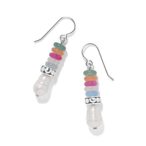 Brighton drop earrings with stacked multicolored beads, silver-plated accents, and white pearl drops on a white background