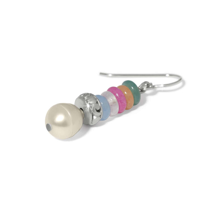 Brighton drop earrings with pearl, silver-plated scroll bead, and multicolor stacked stone beads on a white background