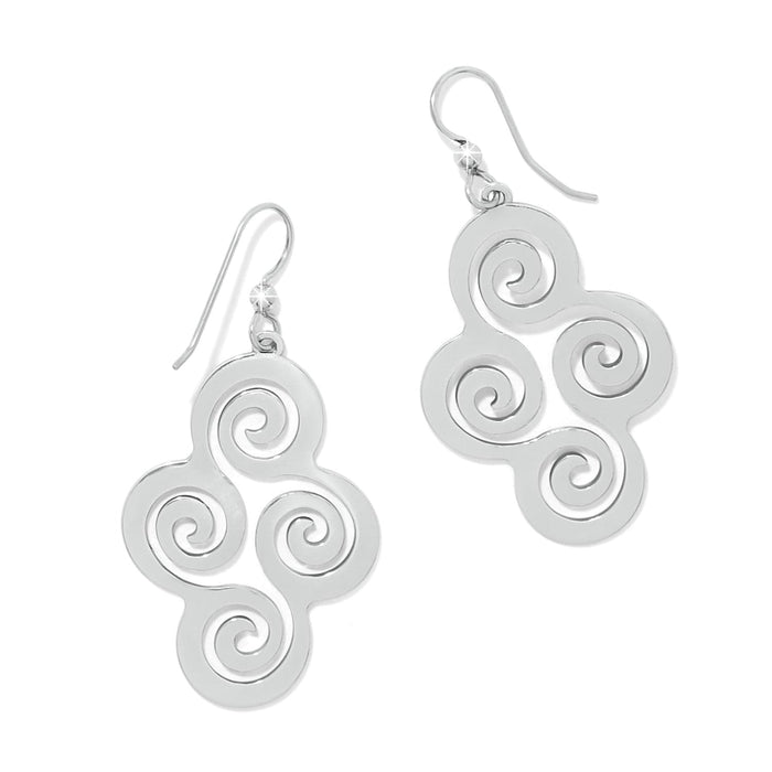 Brighton drop earrings with silver-plated swirl cutout design and French hook wires on a white background